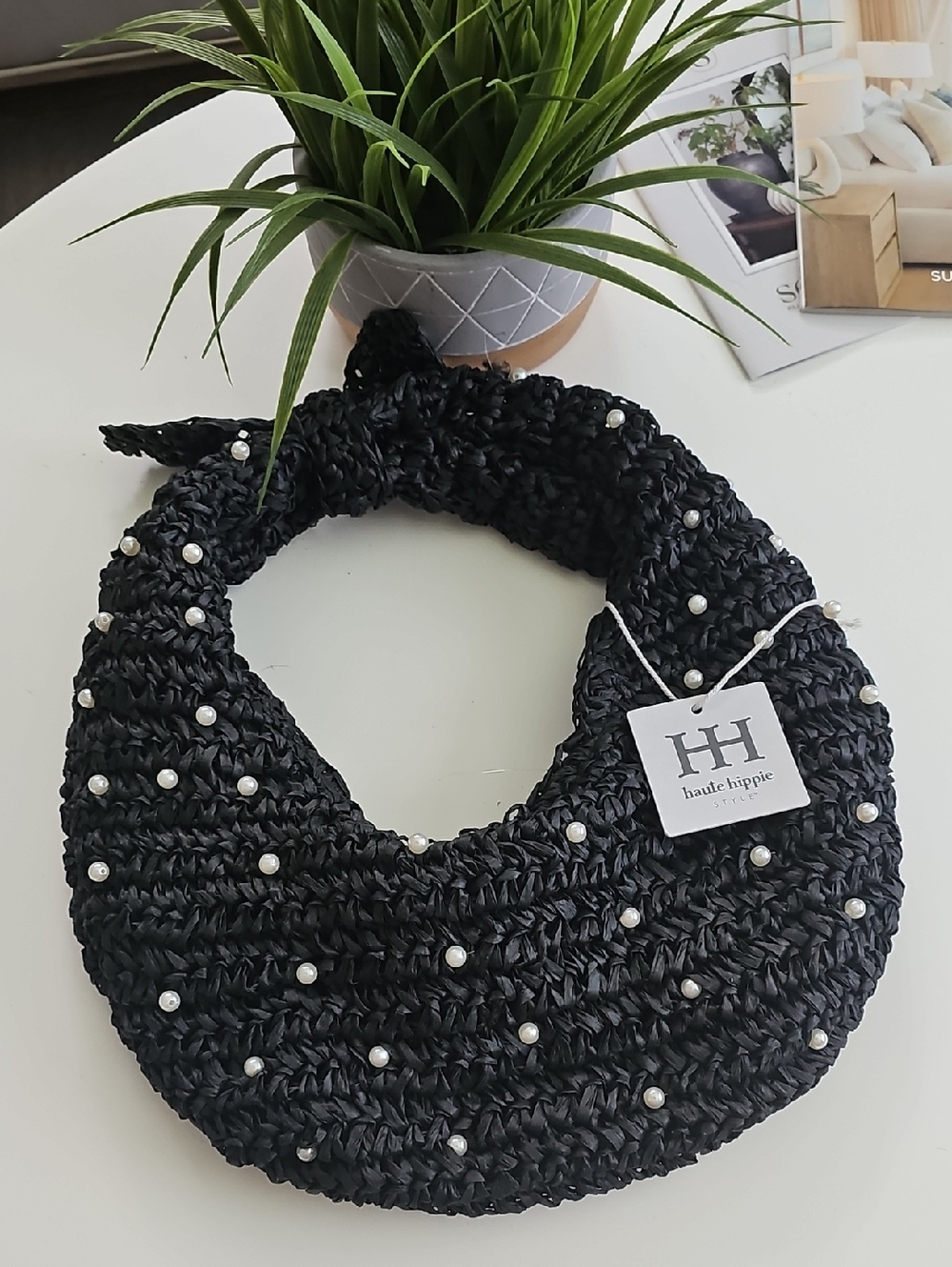 NWT Haute Hippie Black Straw Woven Pearl-Embellished Shoulder Bag